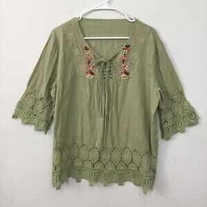 Women's Loose Fit Bohemian Style Lace Tops Blouses Boho Sz M